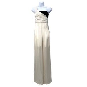 100% Silk One-Shoulder Ivory Jumpsuit with Black Bandeau